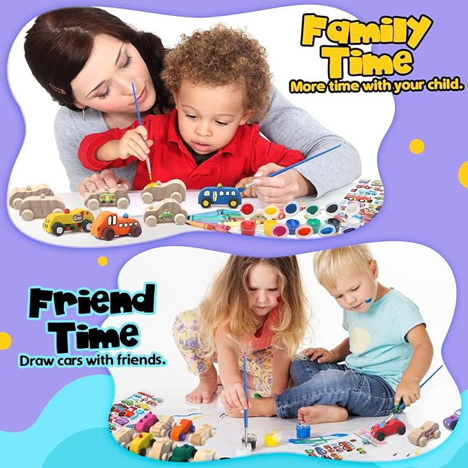 Wooden Cars,Come with 18 Pcs Unfinished Wooden Cars to Paint for Kids and 1set Paint Colors, 2 pcs Wooden Car Sticker
