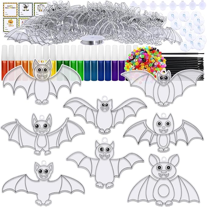 Winlyn 24 Sets Halloween Bat Suncatchers Ornaments Halloween Decorations DIY Window Paint Art Suncatchers Halloween Craft Kits Suncatchers Painting Kits for Kids Activities Classroom Art Project