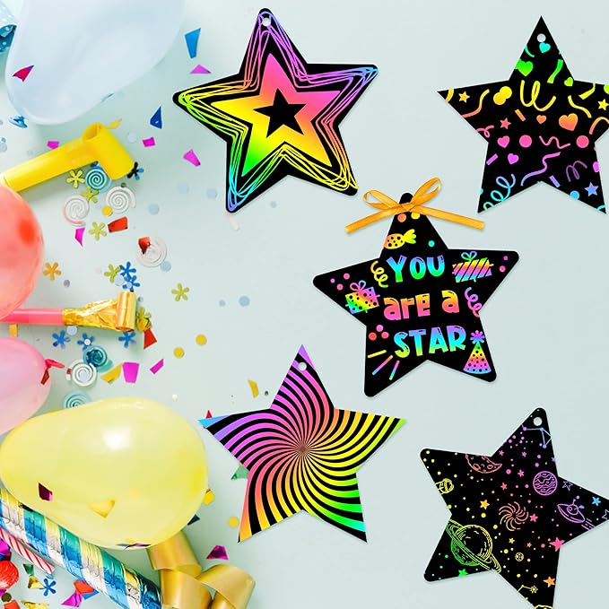 WATINC 60pcs Star Scratch Cards for Magic Color Craft Kit DIY Paper Art Scratch Star Ornament for Kids School Classroom Party Favor Supplies Decorations
