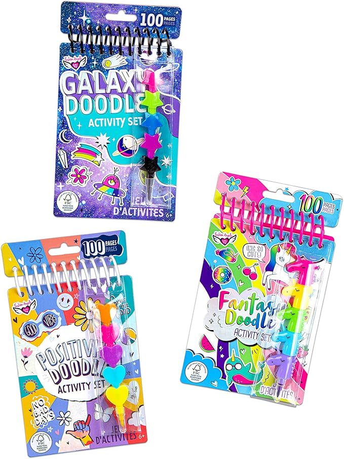 Fashion Angels Doodling Book Bundle for Kids, 3 Coloring Books with Over 300 Pages, Includes Stackable Crayon, Great for Road Trips, Sleepover, Plane Ride Activities, for Ages 6 and Up