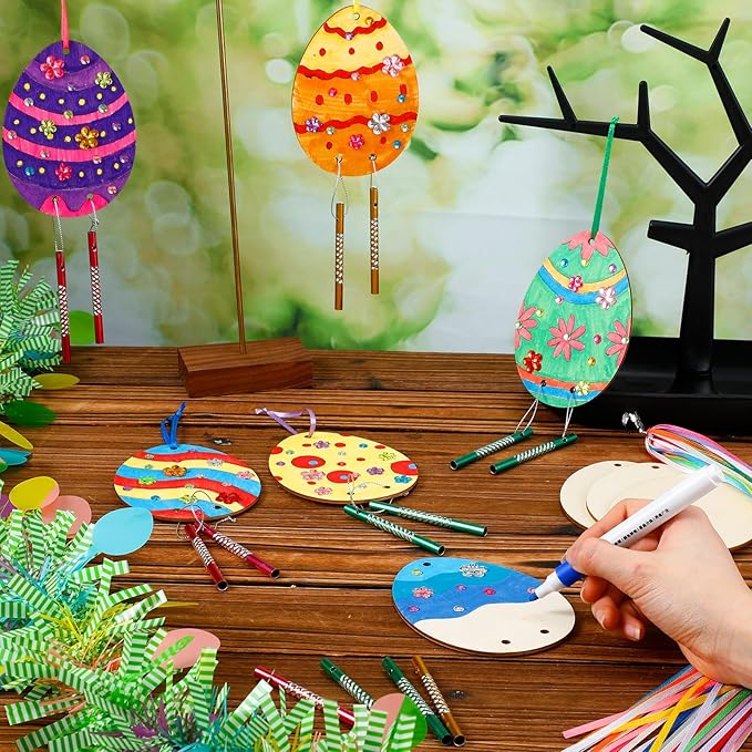 Wenqik 12 Sets Easter Wind Chimes Craft for Kids DIY Coloring Wooden Easter Craft Kits Paintable Unfinished Egg Hanging Ornament Crafts for Girls Boys Spring Party School Decor