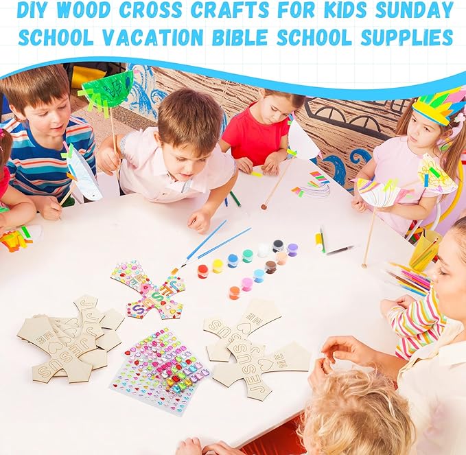 PullCrease Easter DIY Wood Cross Crafts for Kids Religious Craft Kit Sunday School Vacation Bible School Supplies 24 Pack Wooden Cross with Stickers 1 Set Paint(Stylish Style)