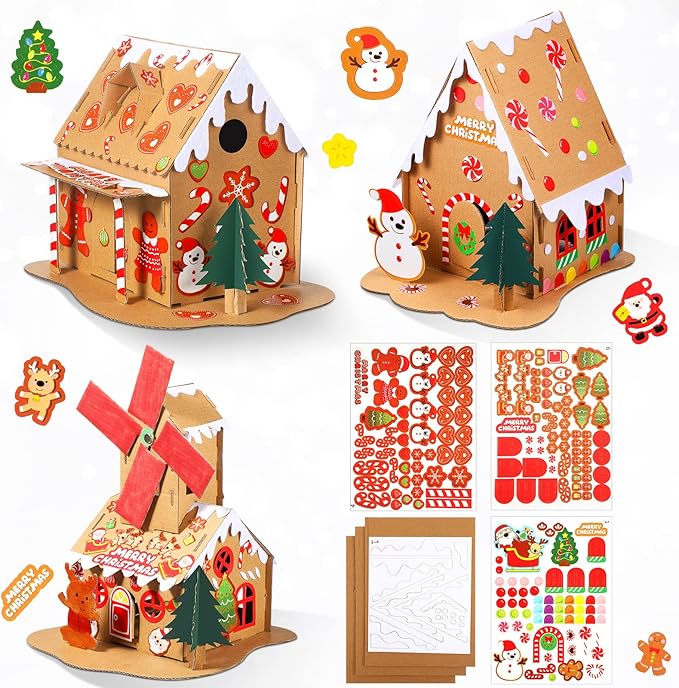 Sumind 3 Sets Christmas Gingerbread House Kit Small Xmas DIY Craft Kit Mini Christmas Cardboard Make-a-Gingerbread House Craft for Christmas Party Craft Holiday Supplies Decor(Lovely Style)