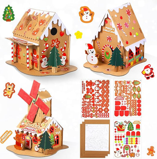 Sumind 3 Sets Christmas Gingerbread House Kit Small Xmas DIY Craft Kit Mini Christmas Cardboard Make-a-Gingerbread House Craft for Christmas Party Craft Holiday Supplies Decor(Lovely Style)