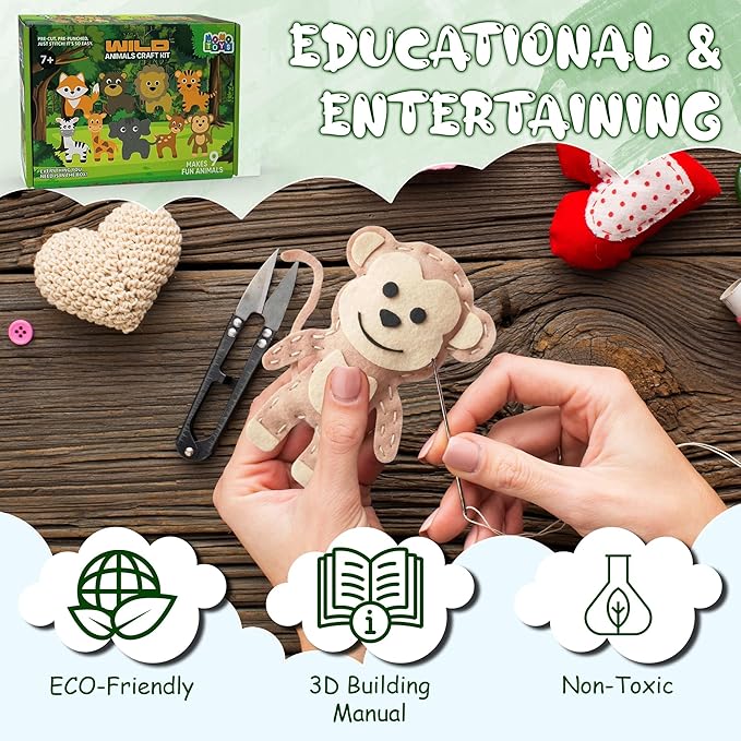 MOMOTOYS Kids Sewing Kit for Kids, Fun & Educational Wild Animals Sew Craft Set for Boys and Girls Ages 8-12, Complete Beginner Sewing Kit with Felt Plushie for Creative DIY Projects