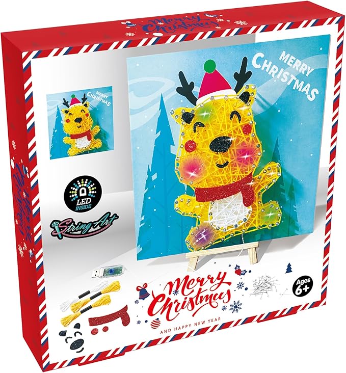 eirix Christmas Elk String Art Craft Kit with USB Plug-in LED String Lights Inside and Small Easel, Xmas Holiday DIY Toys Gifts for Kids 6+ (ELK-Yellow)