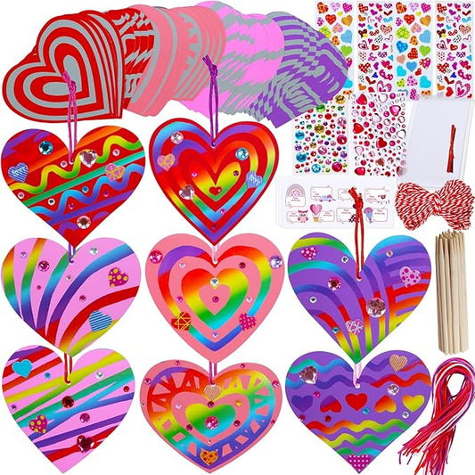 Winlyn 32 Sets Colorful Magic Color Scratch Valentine Hearts Ornaments Decorations Valentine Scratch Art Hearts Valentine's Day Craft Kits for Kids Classroom Activities Party Favors Gift Exchange