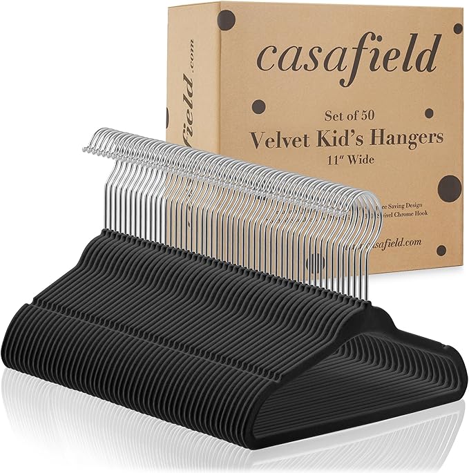Casafield 50 Velvet Baby Hangers - 11" Size for Infant & Toddler Clothes - Black