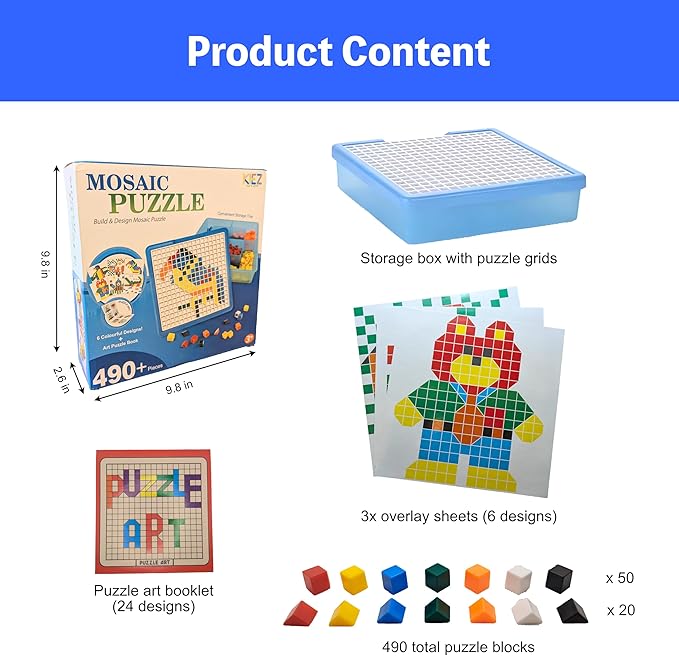 KIEZ 490 Pieces Mosaic Puzzle, Pixel Art Challenge with 24 Designs (Animals, Vehicles, Fruits, Architectures), DIY Art STEM Toys for Kids 3+ Years Old