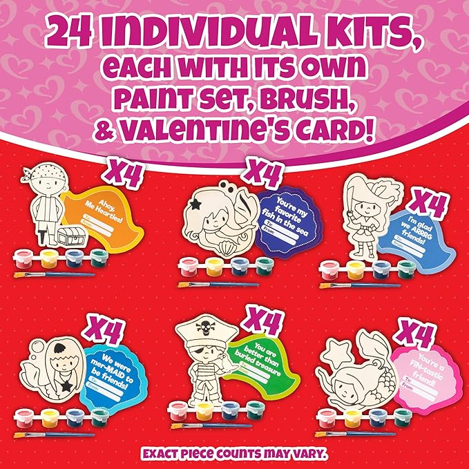 Valentines Cards for Kids Classroom -Mermaid & Pirate Wood Painting Kits (24ct)-Great Valentine's Day Gifts for Kids School Exchange -Each Valentine has Craft, Paints, Brush & Sticker for Boys & Girls