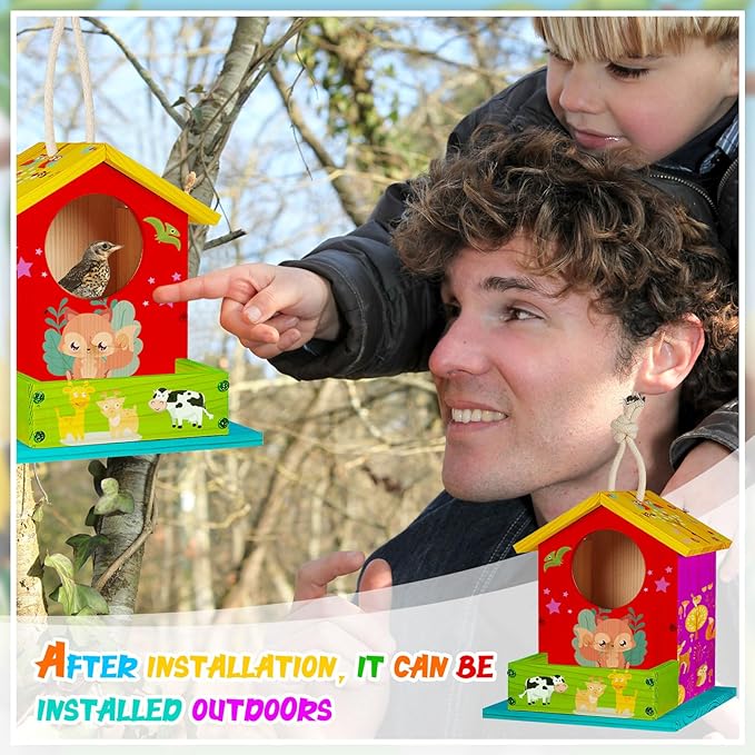 Liliful 4 Pack Wooden Birdhouse Kit DIY Bird House with Paint and Paintbrushes Art and Crafts Painting Kits for Boys Girls Adults Build Paint Classroom Birthday Indoor Outdoor Craft