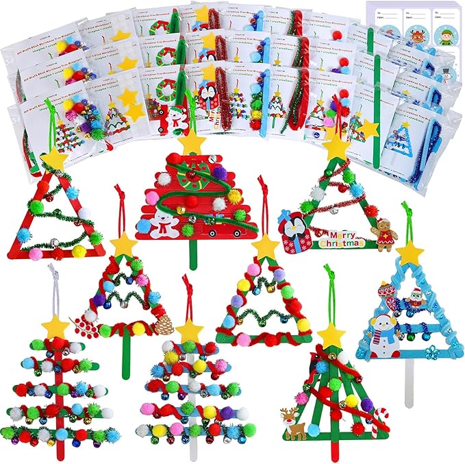 Winlyn 27 Sets Christmas Craft Kits Winter Crafts Popsicle Stick Christmas Tree Ornaments Decorations Art Sets Craft Sticks Christmas Foam Stickers for Kids Holiday Classroom Activities Party Favors