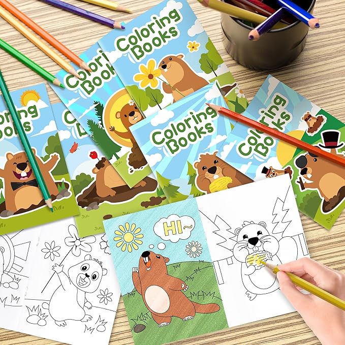 ANGOLIO 24Pcs Groundhog Coloring Books Bulk for Kids Cartoon Dormouse Animals Coloring Books Mini DIY Art Drawing Booklet for Kids Happy Groundhog Day Supplies Spring School Rewards Goodie Bag Filler