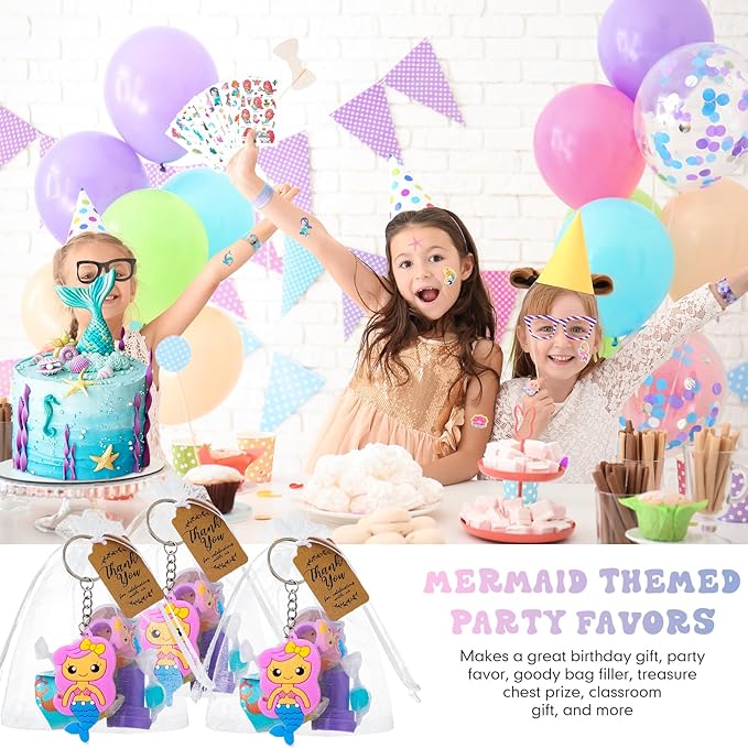 Hungdao 178 Pcs Mermaid Birthday Party Favors for 16 Kids with Keychain Sticker Stamp Ring Slap Bracelet Tattoo Sticker Gift Bag Tag For Summer Swimming pool Beach Party Carnival