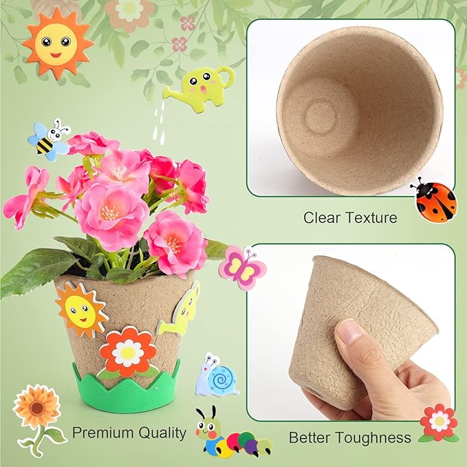 Ayfjovs Garden Paper Pot Craft Kit 55 Pack Flower Plant Spring Craft for Kids with 200 PCS Adhesive Foam Stickers and 55 PCS Plastic Plant Labels for Kids Garden, DIY and Early Education