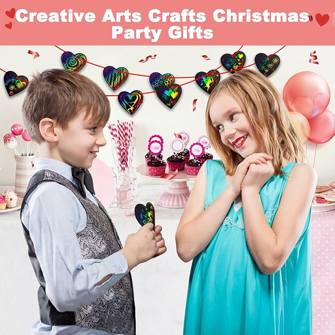 Cute Valentines Day Cards Kids Gifts - Birthday Party Favor Scratch Doodle Heart Paper Gift Idea for Child, Arts Crafts for Christmas Stocking Stuffers DIY Present for Boys Girls, Easter Gifts for Kid