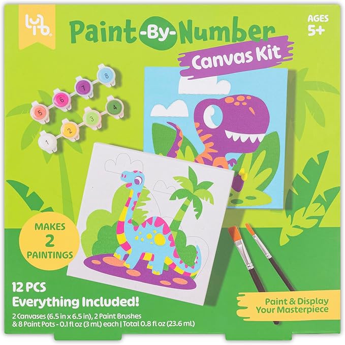 Dino Paint-by-Number Canvas Kit - All-in-1 Art Set, 2 Dinosaur Paintings, 8 Non-Toxic Paint Pots & 2 Brushes, Kids Ages 5+