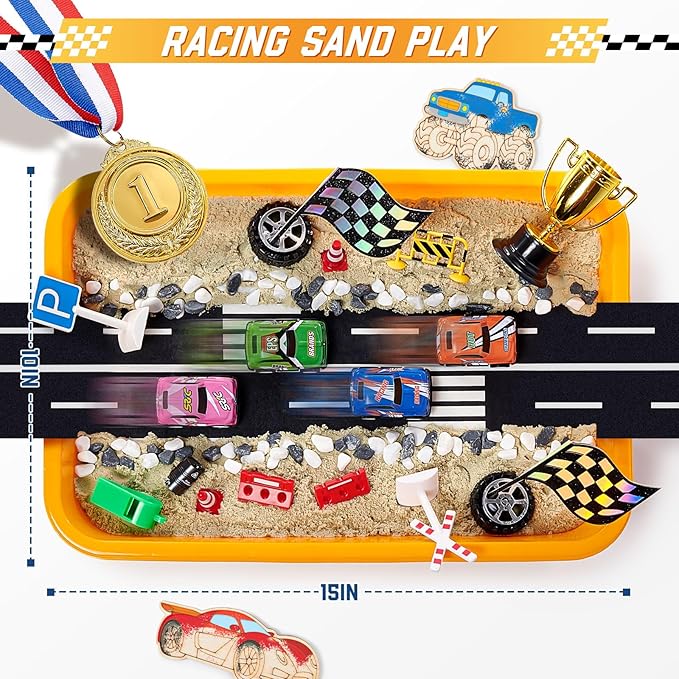 Play Sand Toys Sensory Bin Sandbox, Sand Box Toys for Kids Boys Toddlers 3 4 5 6 7 8 Christmas Birthday Gift (Race)