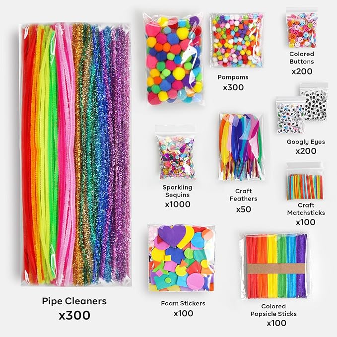 FunzBo 2000Pcs+ Arts & Crafts Supplies Kits for Kids,St Patricks Day DIY Craft Supplies for Toddlers DIY Art Supply Tools Set Include Pipe Cleaners,Pom Poms,Feather for Crafts,Crafts for kids Ages 4-8