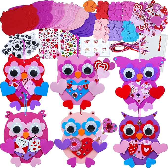 Winlyn 24 Sets Valentine's Day Craft Kits Heart Crafts DIY Valentine's Day Owl Ornaments Decorations Art Sets Foam Owl Heart Stickers for Kids Valentine's Day Party Classroom Activities Gift Exchange