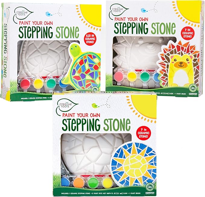 Creative Roots Mosaic Turtle, Hedgehog, & Sun Stepping Stone, Includes 3-Pack 7-Inch Ceramic Stepping Stone & 6 Vibrant Paints, Paint Your Own & DIY Stepping Stone for Kids Ages 8+
