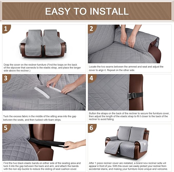 KinCam Loveseat Recliner Covers for 2 Seat, 100% Waterproof Reclining Loveseat Covers, Non-Slip Recliner Cover Furniture Protector with Elastic Straps for Pets, Kids, Light Gray
