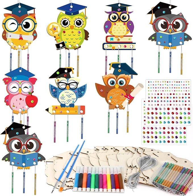 gisgfim 16 Pack Owl Wind Chime Kits Graduation Crafts for Kids Make Your Own Owl Wind Chime Wooden DIY Arts and Crafts for Graduation Party School Classroom Decorations Supplies Birthday Favors