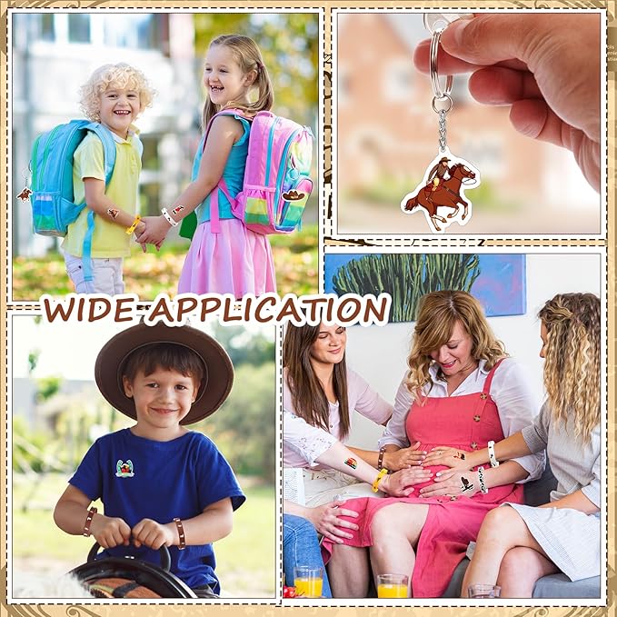 Nosiny 90 Pieces Cowboy Cowgirl Party Favor Supplies, Includes Silicone Bracelets Stretch Wristbands Acrylic Keychains and Cowboy Stickers for Western Themed Birthday Baby Shower Party Favors