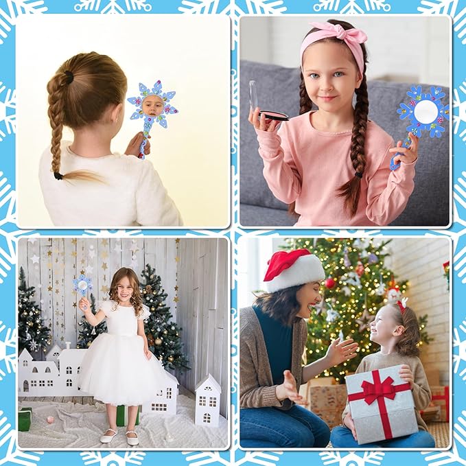 Fennoral 10 Pack Wooden Mirror Craft for Kids Decorate You Own Snowflake Mirrors for Girls DIY Paint Snowflake Crafts Wooden Hand Mirror for Art Activities Birthday Winter Christmas Gifts