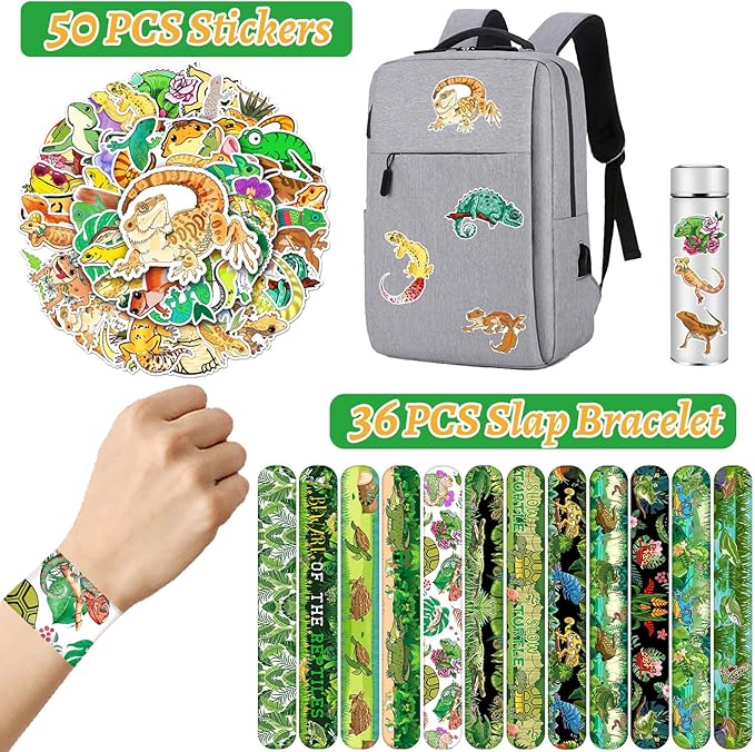 86PCS Reptile Party Favors 50PCS Reptile Stickers 36PCS Reptile Slap Bracelets Alligator Lizard Gecko Snake Turtle Snap Bracelet Reptile Stickers for Kids Reptile Party Supplies Decorations Gifts