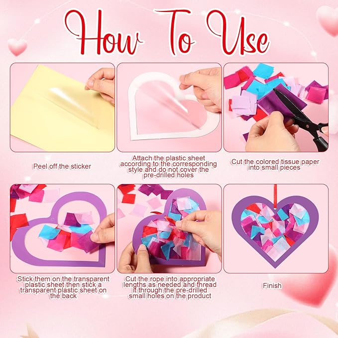 Tinlade 24 Pcs Valentine's Day Suncatcher Craft Kit Pink Heart Shaped Suncatcher Window DIY Tissue Paper Decoration Ornament for Classroom Valentines Party Favor Supplies