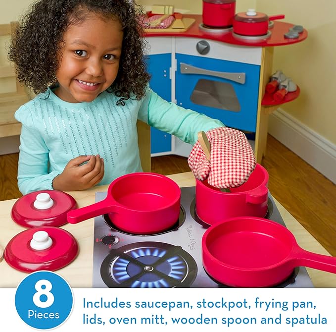 Melissa & Doug Deluxe Wooden Kitchen Accessory Set - Pots & Pans (8 pcs) , Green , H: 12 x W: 12 x D: 5