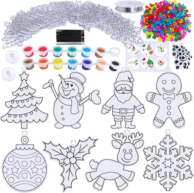 Winlyn 24 Sets Christmas Suncatchers Ornaments Decorations DIY Window Paint Art Suncatchers Christmas Craft Kits Santa Snowman Snowflake Reindeer Sun Catchers for Kids Classroom Activities Art Project