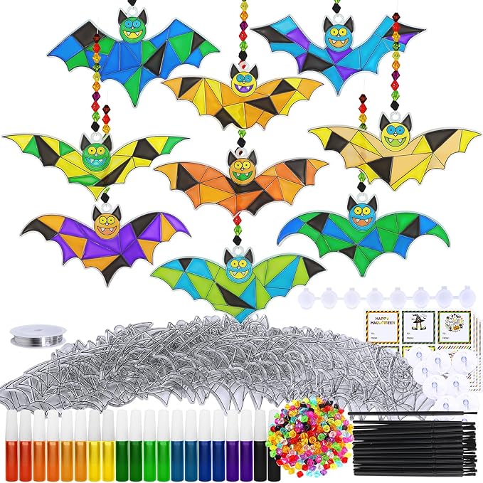 Winlyn 27 Sets Halloween Craft Kits Halloween Bat Suncatchers Ornaments Decorations DIY Window Paint Art Suncatchers Bat Suncatchers Painting Kits for Kids Halloween Classroom Activities Art Projects