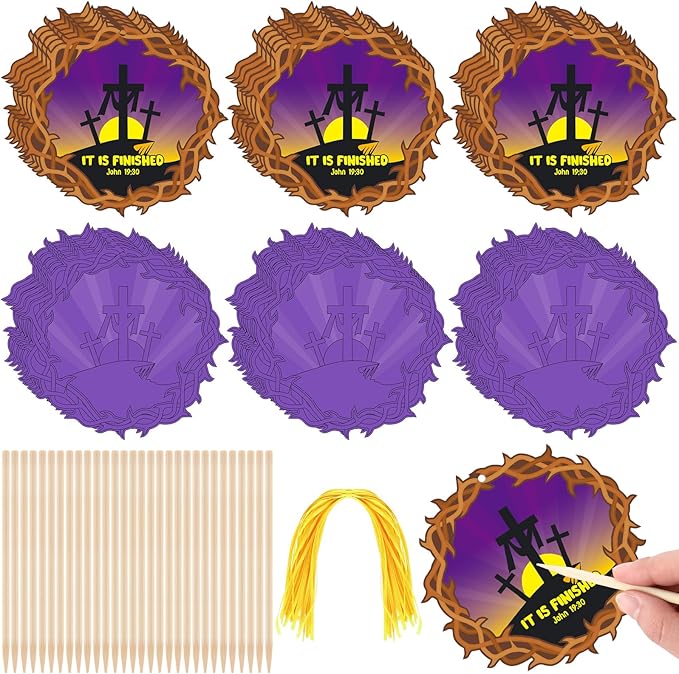 Liliful 60 Set Easter Crafts for Kids Religious Easter Cross Scratch Cards Colorful Scratch with 30 Wooden Scratch Tools Purple Crown of Thorns Crafts Kit for Kids Sunday School Holy Week Crafts