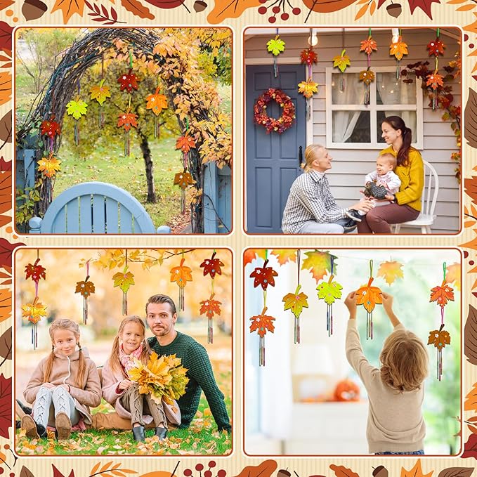 Fennoral 9 Pack Fall Wind Chime Kit for Kids Make You Own Maple Leaf Wind Chime DIY Coloring Fall Craft Wooden Hanging Ornaments Outdoor Activity Autumn Thanksgiving Party Decorations