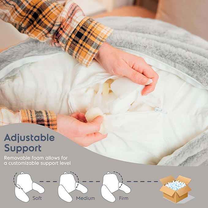 Nestl Fur Reading Pillow, Stylish Back Pillow for Bed Sitting Up, Faux Fur Bed Chair Pillow with Arms, Reading Pillows for Sitting in Bed Adult & Kids, Back Support Pillow for Bed Rest - Light Grey