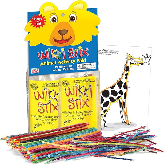 WIKKI STIX Animal Activity Pak - Features 12 Zoo Animals with Hands-on Activity and Fun Fact on Each, Made in The USA! Multiple Colors !