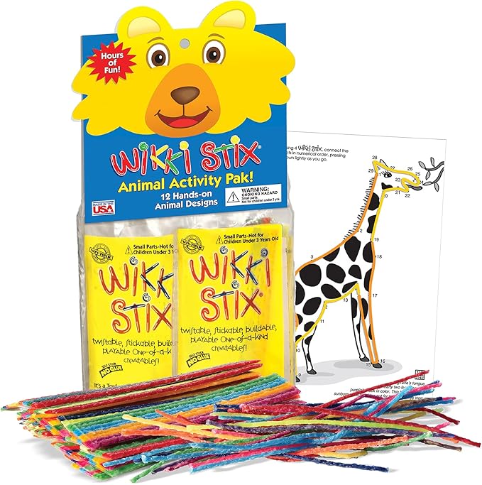 WIKKI STIX Animal Activity Pak - Features 12 Zoo Animals with Hands-on Activity and Fun Fact on Each, Made in The USA! Multiple Colors !