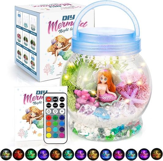 DIY Light-Up Mermaid Terrarium Kit for Kids, 3 Light Modes Mermaid Toys & Activities Kits Presents, Arts & Crafts Mermaid Gifts for Girls Age 4 5 6 7 8-12 Years Old, Birthday Gift, Bedroom Decor