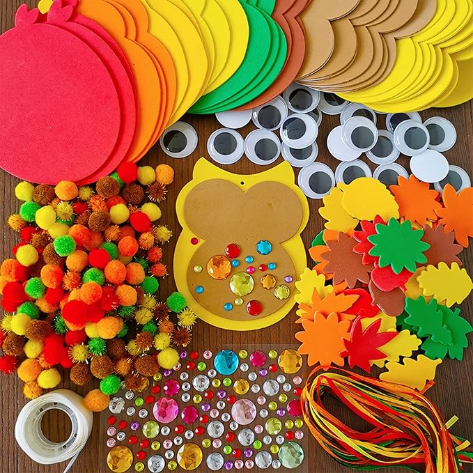 Winlyn 24 Sets Foam Owl Decorations DIY Owl Fall Craft Kit Assorted Foam Owl Shapes with Autumn Leaves Pumpkins Googly Eyes Pom-Poms for Kids Gift Halloween Thanksgiving Holiday Classroom Art Activity