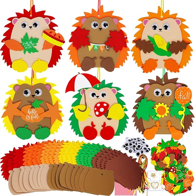 Winlyn Fall Craft Kits 24 Sets DIY Fall Hedgehog Ornaments Decorations Art Sets Autumn Maple Leaf Pumpkin Foam Stickers Googly Eyes for Kids Thanksgiving Halloween Classroom Activities Party Favors