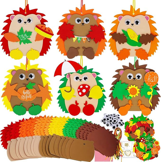 Winlyn Fall Craft Kits 24 Sets DIY Fall Hedgehog Ornaments Decorations Art Sets Autumn Maple Leaf Pumpkin Foam Stickers Googly Eyes for Kids Thanksgiving Halloween Classroom Activities Party Favors