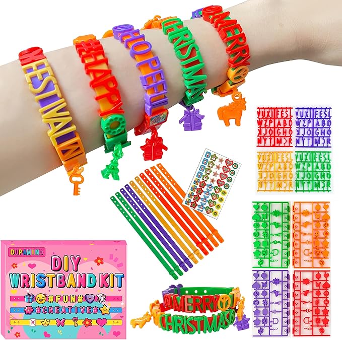 DIY Friendship Bracelet Making Kit for Girls, Charm Kids Wrist Band Making Kit with Stickers, 4 Color Letters, Icons & 5 Straps, Christmas Gifts, Fun Craft Activity for Girls Birthday & Party