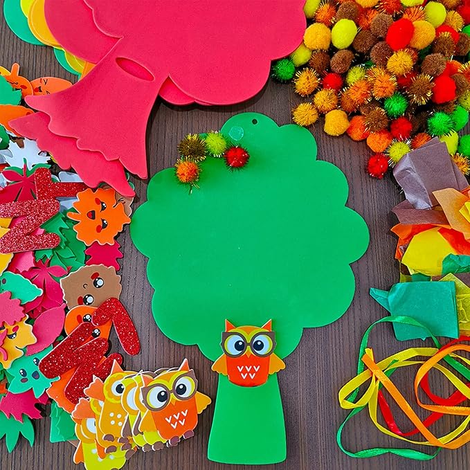 Winlyn 8 Sets Fall Crafts Kits Kids Fall Crafts Bulk Thanksgiving Crafts DIY Thankful Tree Art Sets Autumn Leaf Foam Stickers Pom-Poms Arts and Crafts for Kids Holiday School Classroom Activities