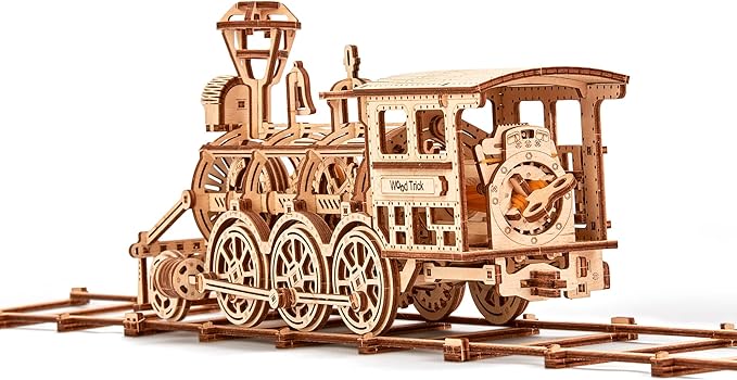 Wood Trick Wooden Toy Train Set with Railway - 34x7″ - Locomotive Train Toy Mechanical Model Kit - 3D Wooden Puzzles for Adults and Kids to Build - Engineering DIY Wooden Models for Adults to Build