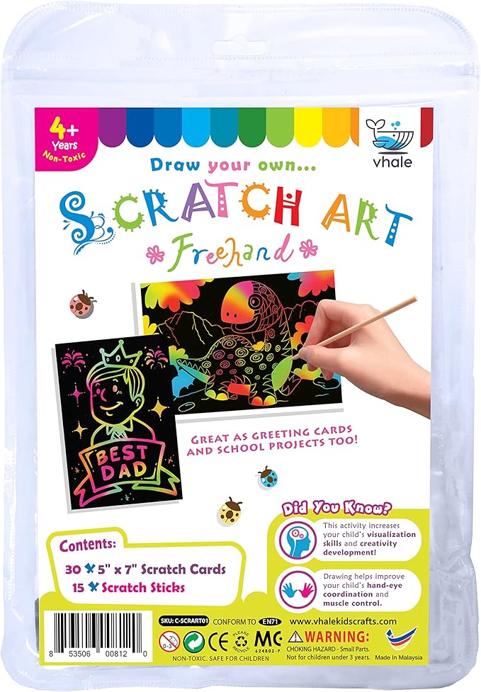 VHALE 30 Scratch Paper Art for Kids, Magic Scratch It Off Paper Craft, Rainbow Drawing Scratchboard Sketch Pad Notepad, Great Travel Toys, Party Favors, with Wooden Stylus