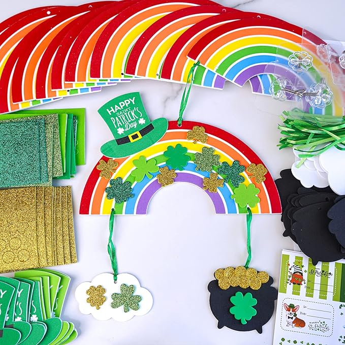 Winlyn 12 Sets St. Patrick's Day Decorations Rainbow Ornaments DIY St. Pat's Craft Kits Rainbow Four-Leaf Clover Irish Lucky Shamrock Foam Stickers for Kids Party Classroom Home Activity Art Project