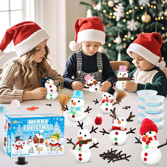 Shemira 12 Pack DIY Snowman Kit, Christmas Crafts for Kids, Modeling Air Dry Clay Craft Kits for Kids, DIY Christmas Ornaments Kits, Christmas Party Favors Stocking Stuffers for Kids, Christmas Gifts