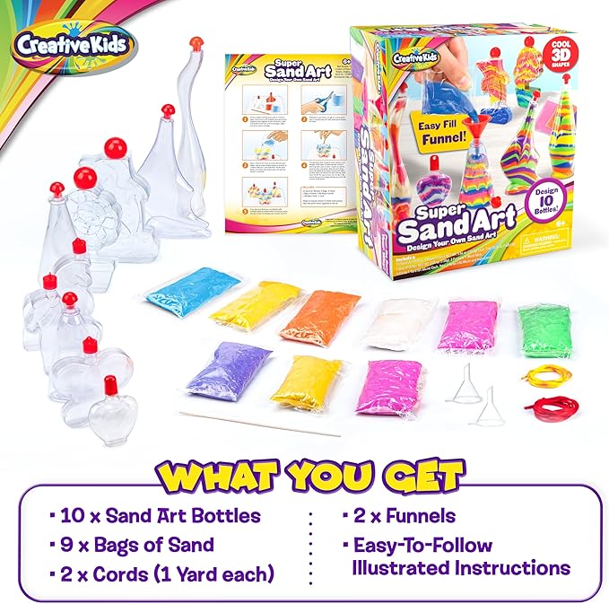 Creative Kids Sand Art Activity Kit for Kids-10 Sand Art Bottles &10 Colored Cool Sand Bags+Glitter Sand-Create Your Own Sand Art-DIY Arts & Crafts Gifts for Kids Boys Girls Age 6+ Packaging May Vary